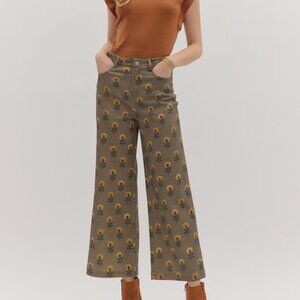 Entro Floral Pattern Wide Leg Pants in Brown and Gold